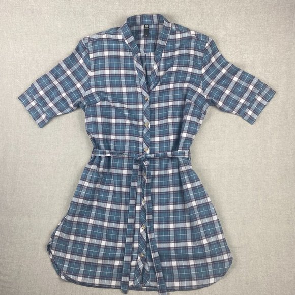 Fig Plaid Flannel Shirt‎ Dress Women Large Belted Tunic Blue Gray V-Neck - Picture 3 of 14
